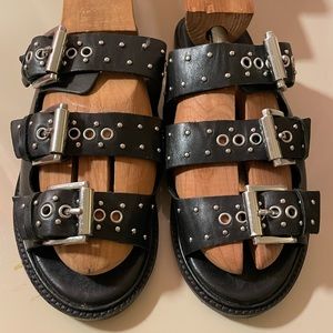 TOPSHOP Black Goth Silver Buckle Slip on Sandal. Size 7 1/2